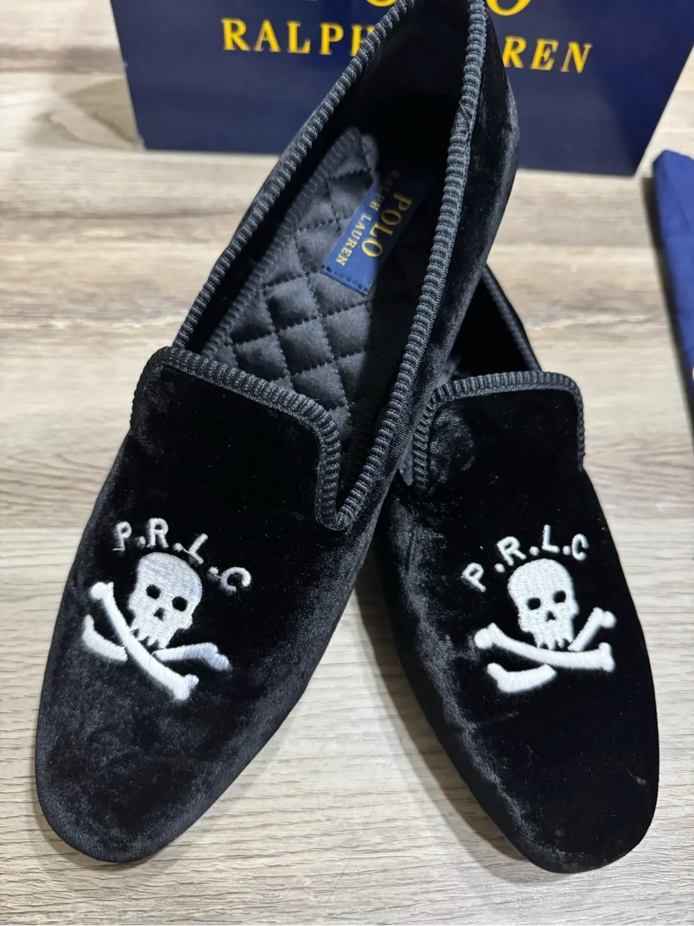 Polo by Ralph Lauren Black Velvet Slip-On Loafers with White Skull Embroidery